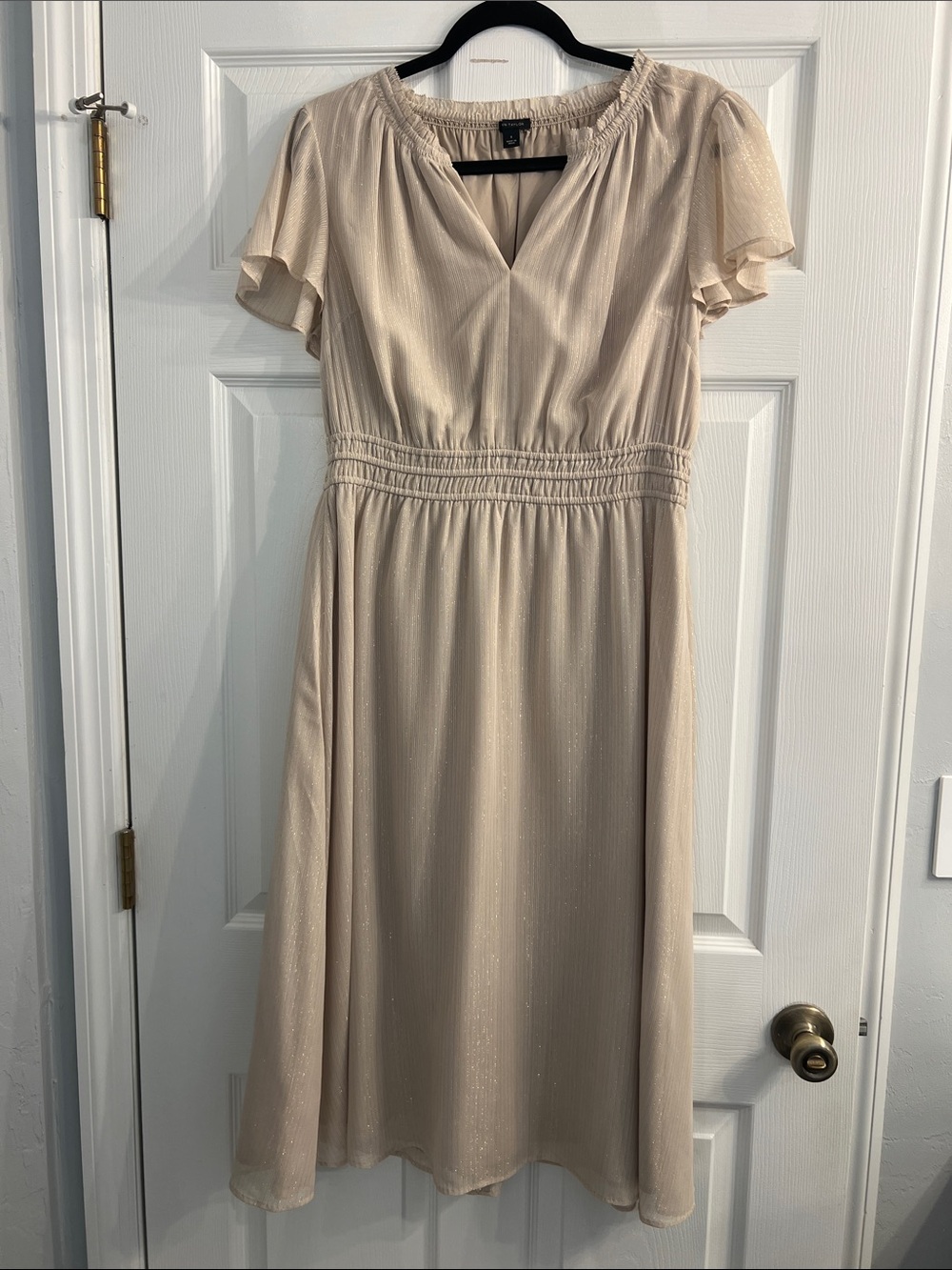 Ann Taylor Cream Midi Dress with Smocked Waist